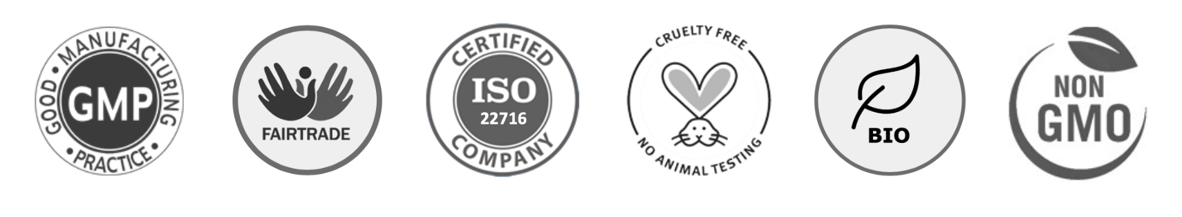 PhytoVero icons: GMP, Fairtrade, ISO22716, cruelty free, organic and non GMO