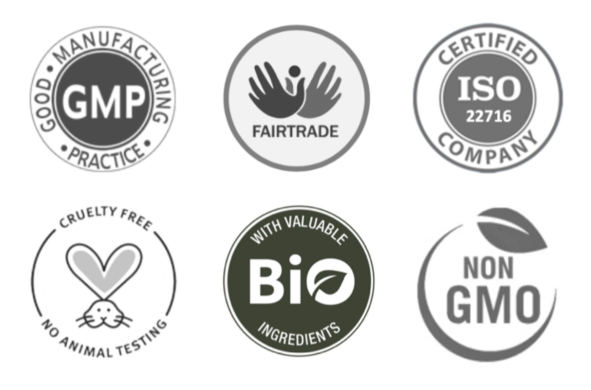 PhytoVero Icons: GMP, ISO, FairTrade, Bio, non GMO und cruelty free